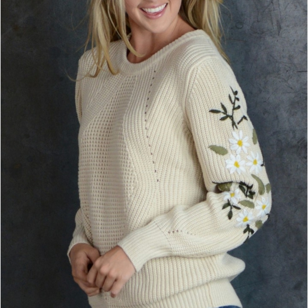 Simply Couture Beige Embroidery-Sleeve Wool Blend Sweater 1X